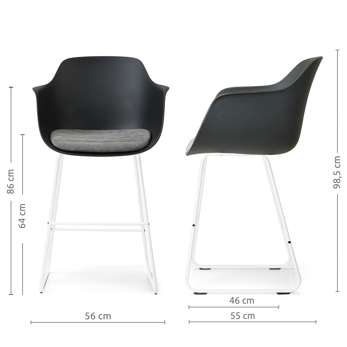 afmetingen van de Nino-Liz barkruk zwart met zeegrijs zitkussen - wit onderstel - 65 cm