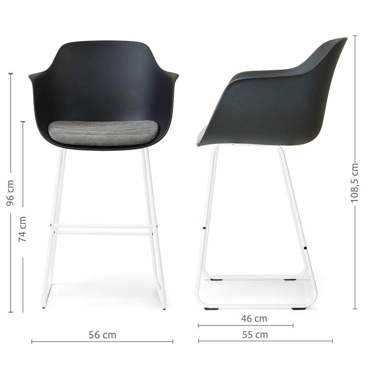 afmetingen van de Nino-Liz barkruk zwart met zeegrijs zitkussen - wit onderstel - 75 cm