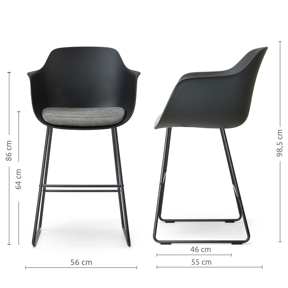 afmetingen van de Nino-Liz barkruk zwart met zeegrijs zitkussen - zwart onderstel - 65 cm