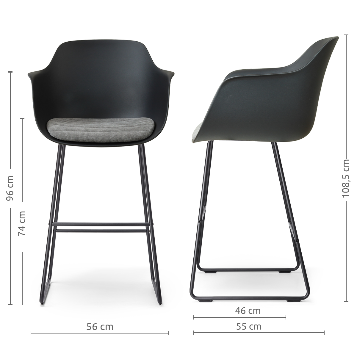 afmetingen van de Nino-Liz barkruk zwart met zeegrijs zitkussen - zwart onderstel - 75 cm