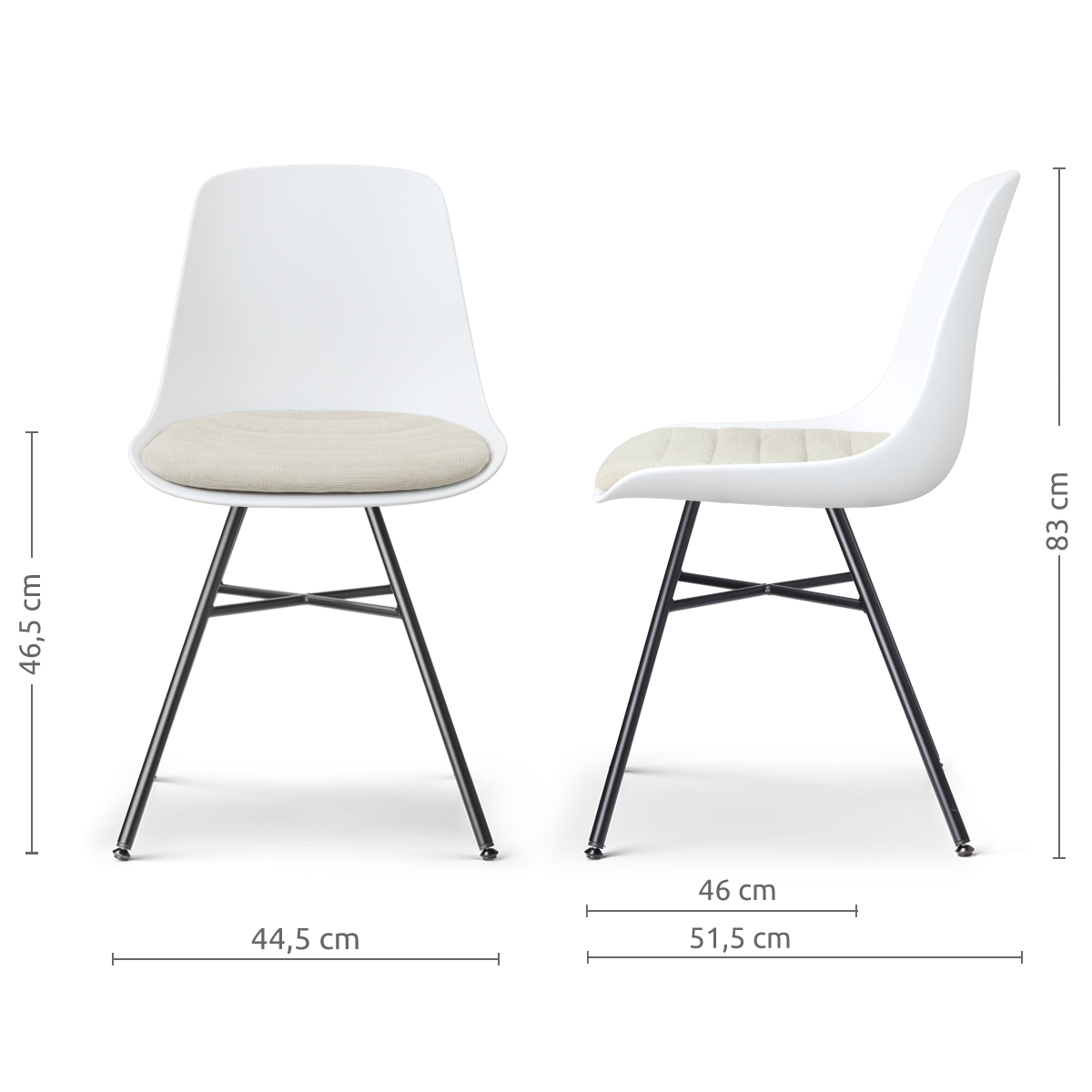 afmetingen van de Noa-Liv eetkamerstoel wit met naturelbeige zitkussen - zwart onderstel