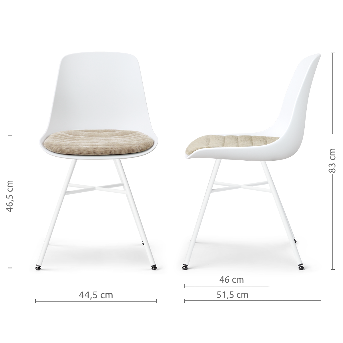 afmetingen van de Noa-Liv eetkamerstoel wit met nougatbruin zitkussen - wit onderstel