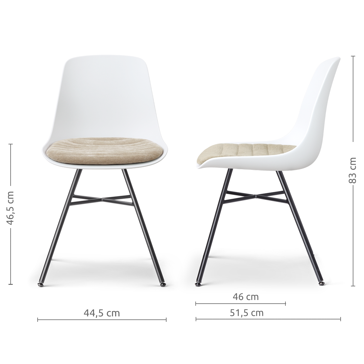 afmetingen van de Noa-Liv eetkamerstoel wit met nougatbruin zitkussen - zwart onderstel