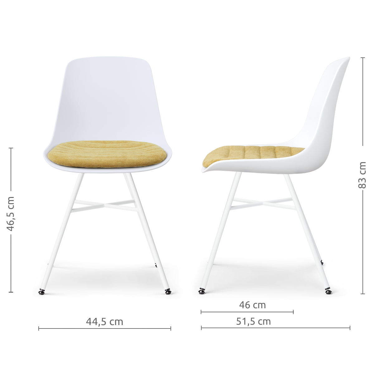 maatvoering van de Noa-Liv eetkamerstoel wit met warm oker zitkussen - wit onderstel