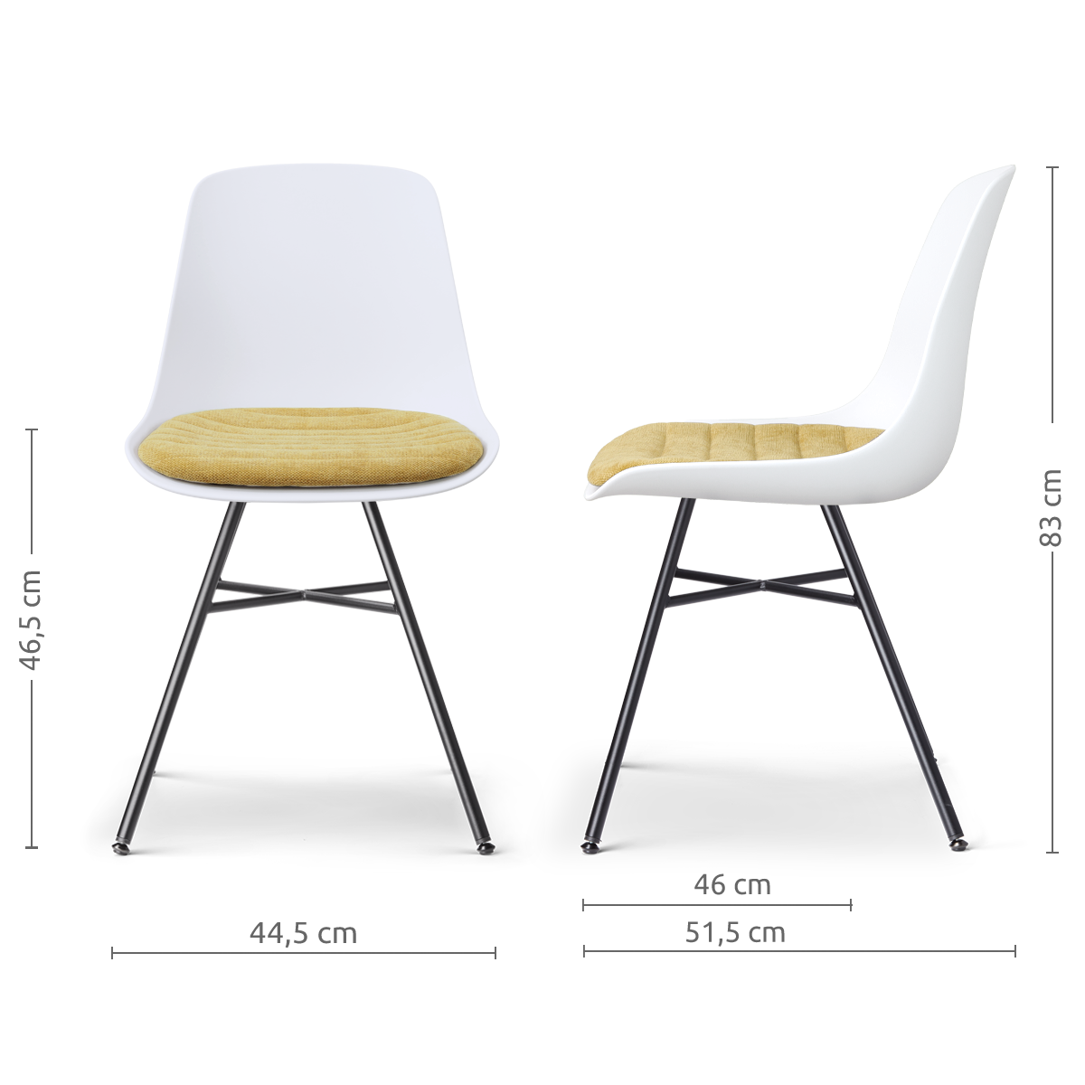 maatvoering van de Noa-Liv eetkamerstoel wit met warm oker zitkussen - zwart onderstel