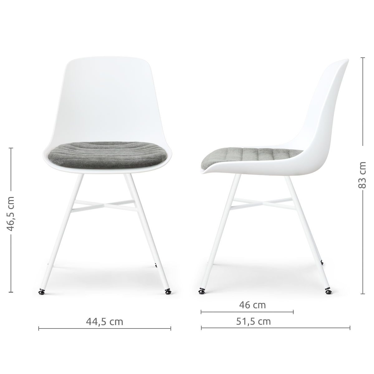 afmetingen van de Noa-Liv eetkamerstoel wit met zeegrijs zitkussen - wit onderstel
