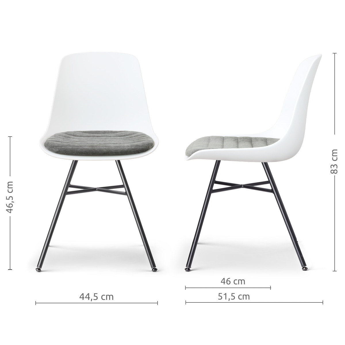 afmetingen van de Noa-Liv eetkamerstoel wit met zeegrijs zitkussen - zwart onderstel