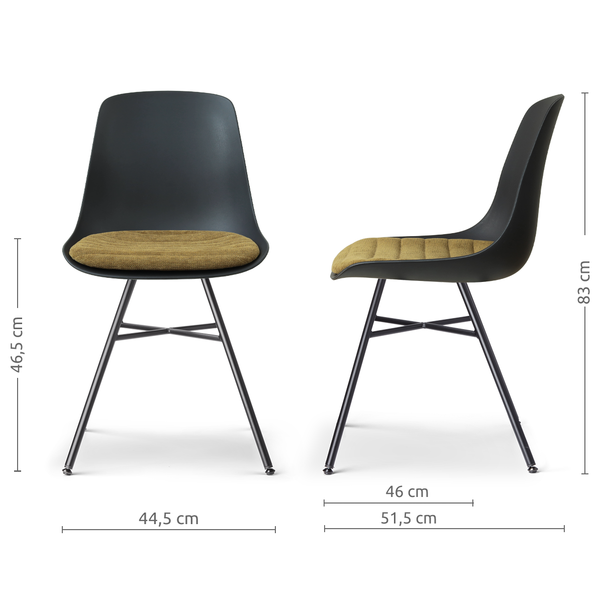 afmetingen van de Noa-Liv eetkamerstoel zwart met mosgroen zitkussen - zwart onderstel