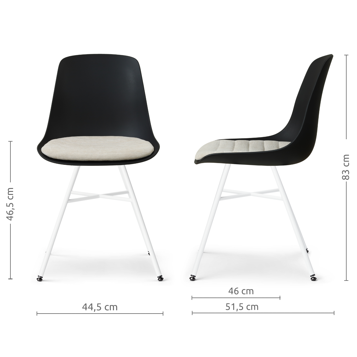 afmetingen van de Noa-Liv eetkamerstoel zwart met naturelbeige zitkussen - wit onderstel