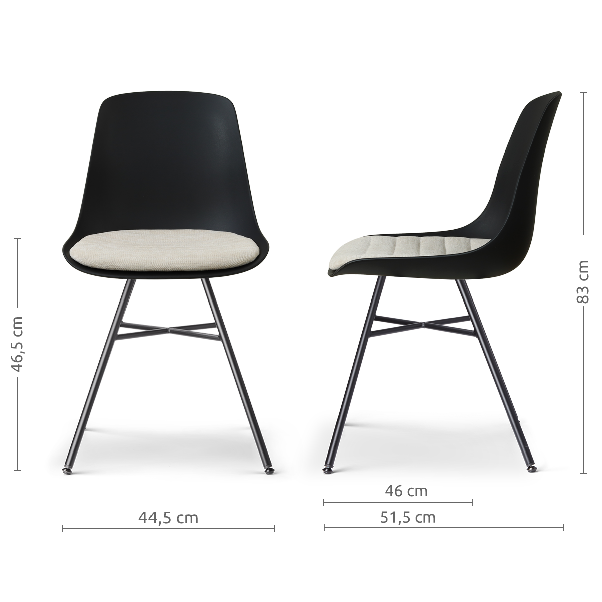 afmetingen van de Noa-Liv eetkamerstoel zwart met naturelbeige zitkussen - zwart onderstel