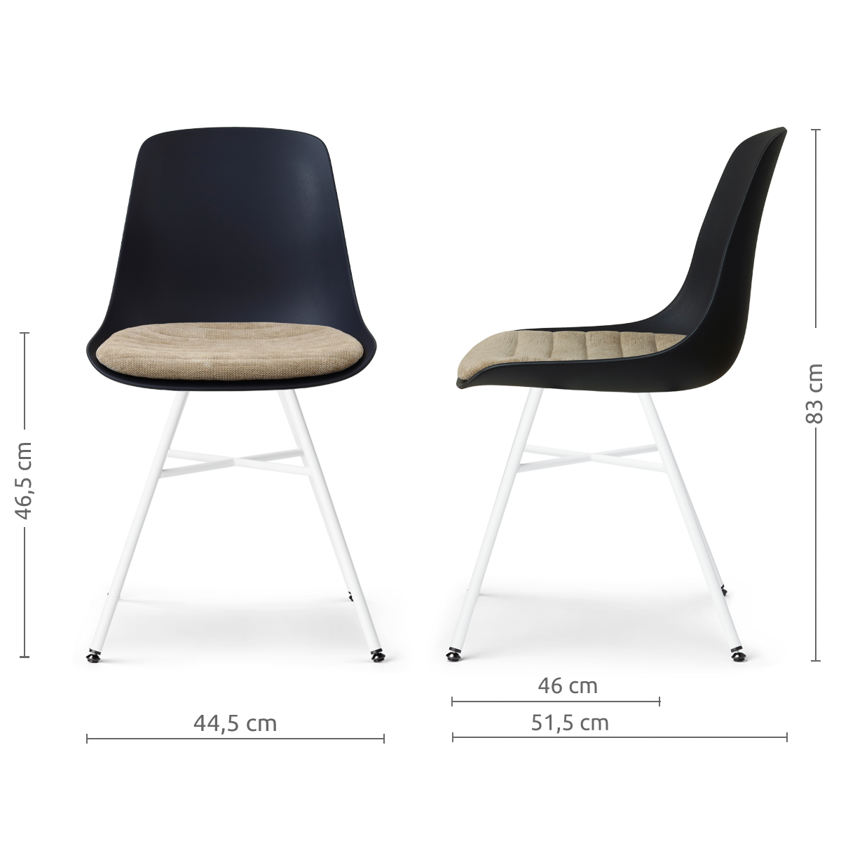 afmetingen van de Noa-Liv eetkamerstoel zwart met nougatbruin zitkussen - wit onderstel