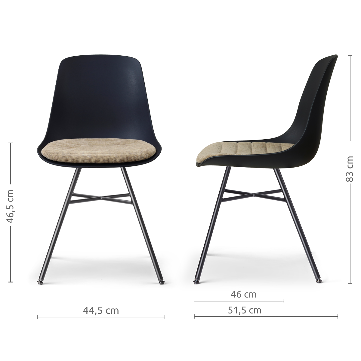 afmetingen van de Noa-Liv eetkamerstoel zwart met nougatbruin zitkussen - zwart onderstel