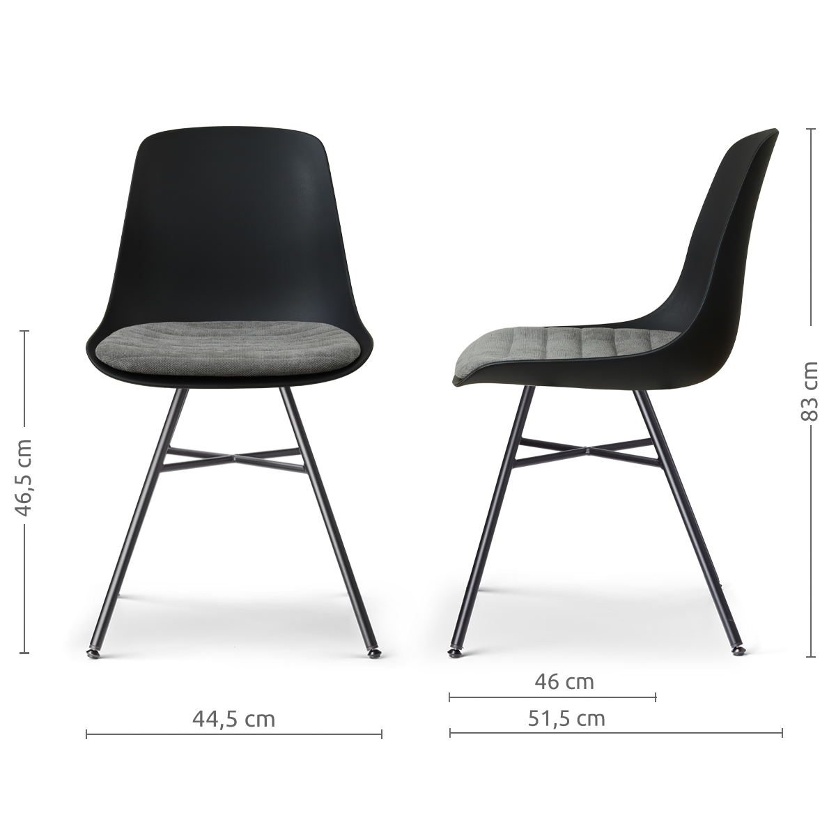 afmetingen van de Noa-Liv eetkamerstoel zwart met zeegrijs zitkussen - zwart onderstel