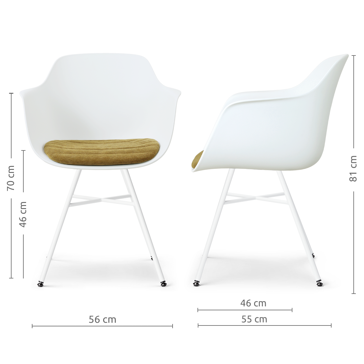 afmetingen van de Noa-Liz eetkamerstoel wit met mosgroen zitkussen - wit onderstel