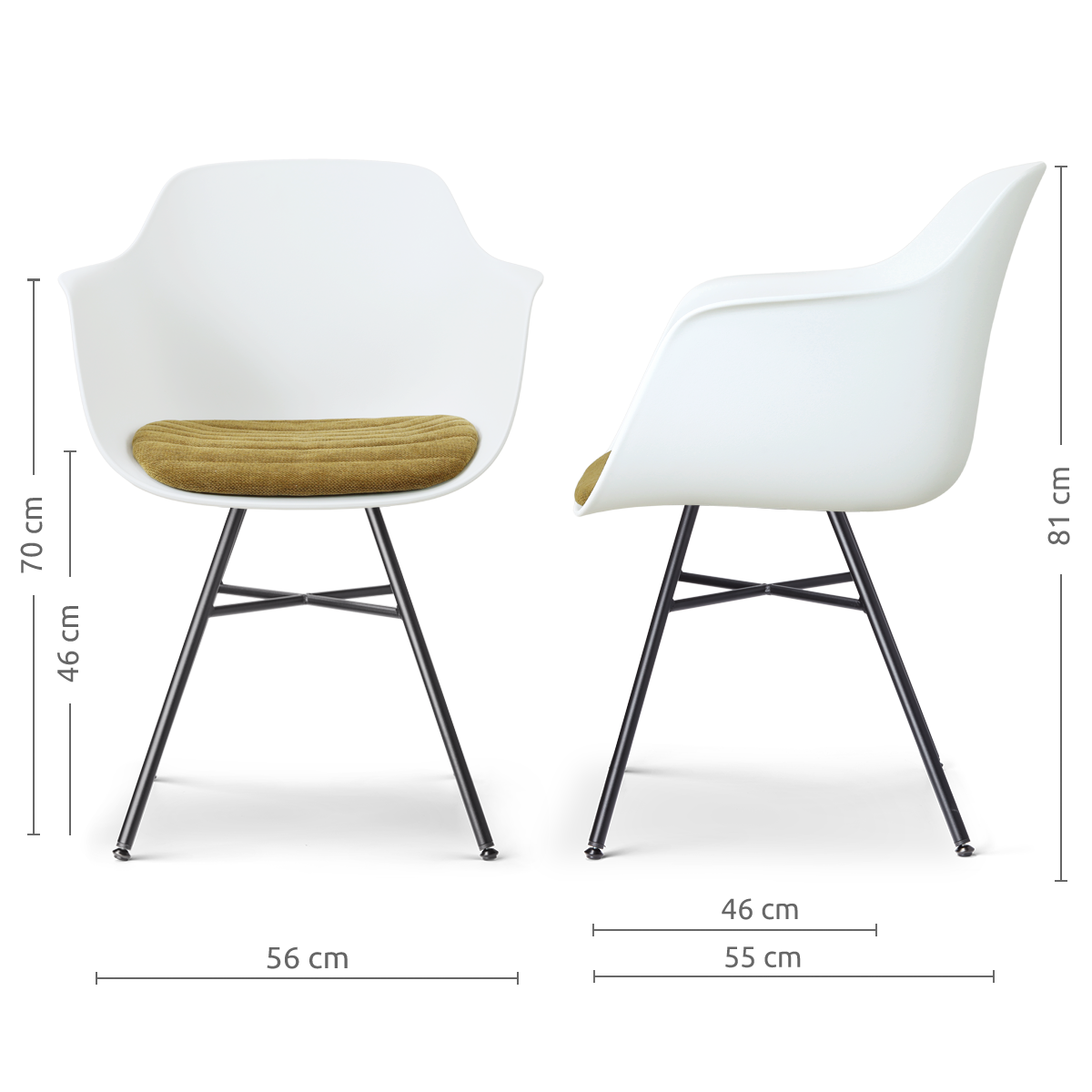 afmetingen van de Noa-Liz eetkamerstoel wit met mosgroen zitkussen - zwart onderstel