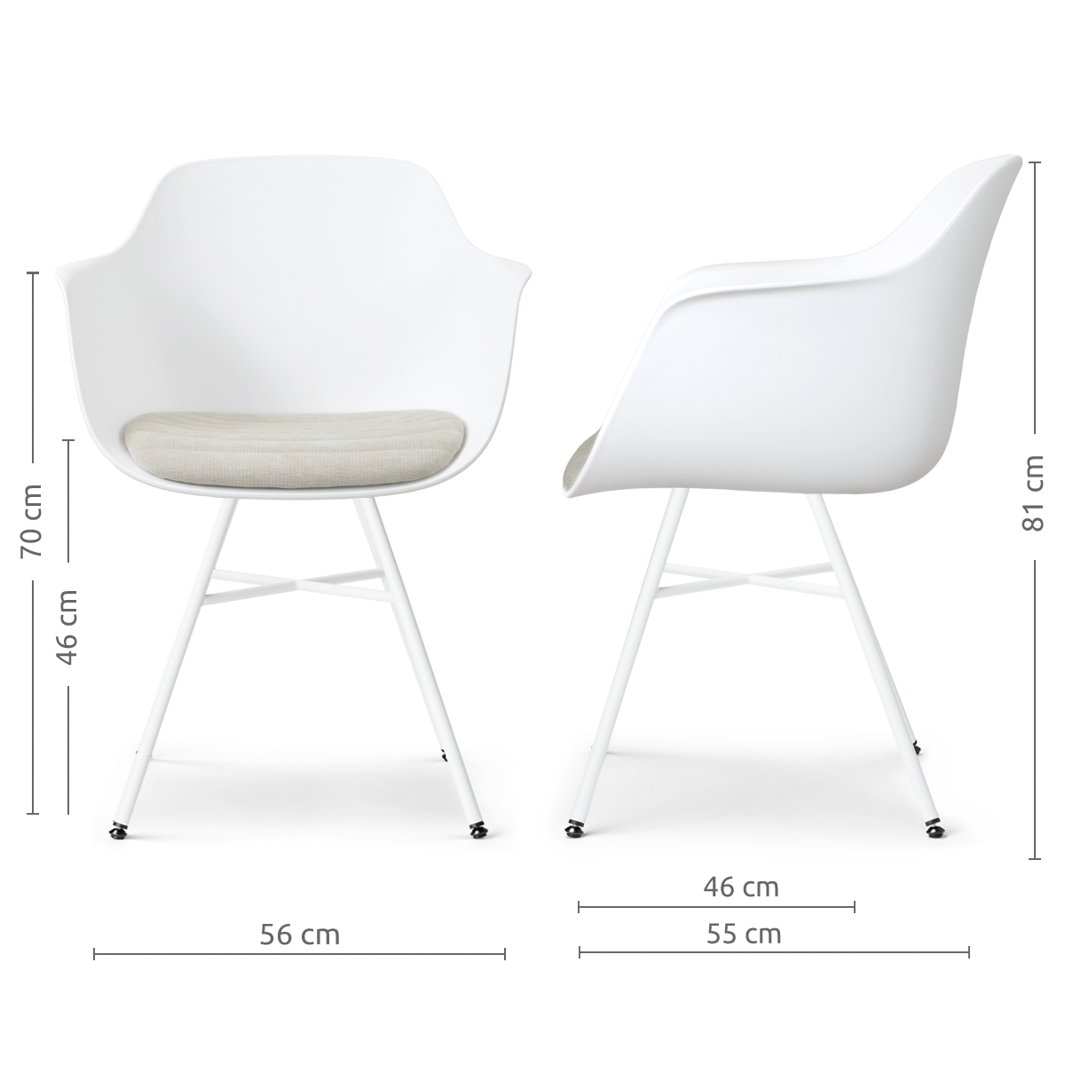 afmetingen van de Noa-Liz eetkamerstoel wit met naturelbeige zitkussen - wit onderstel