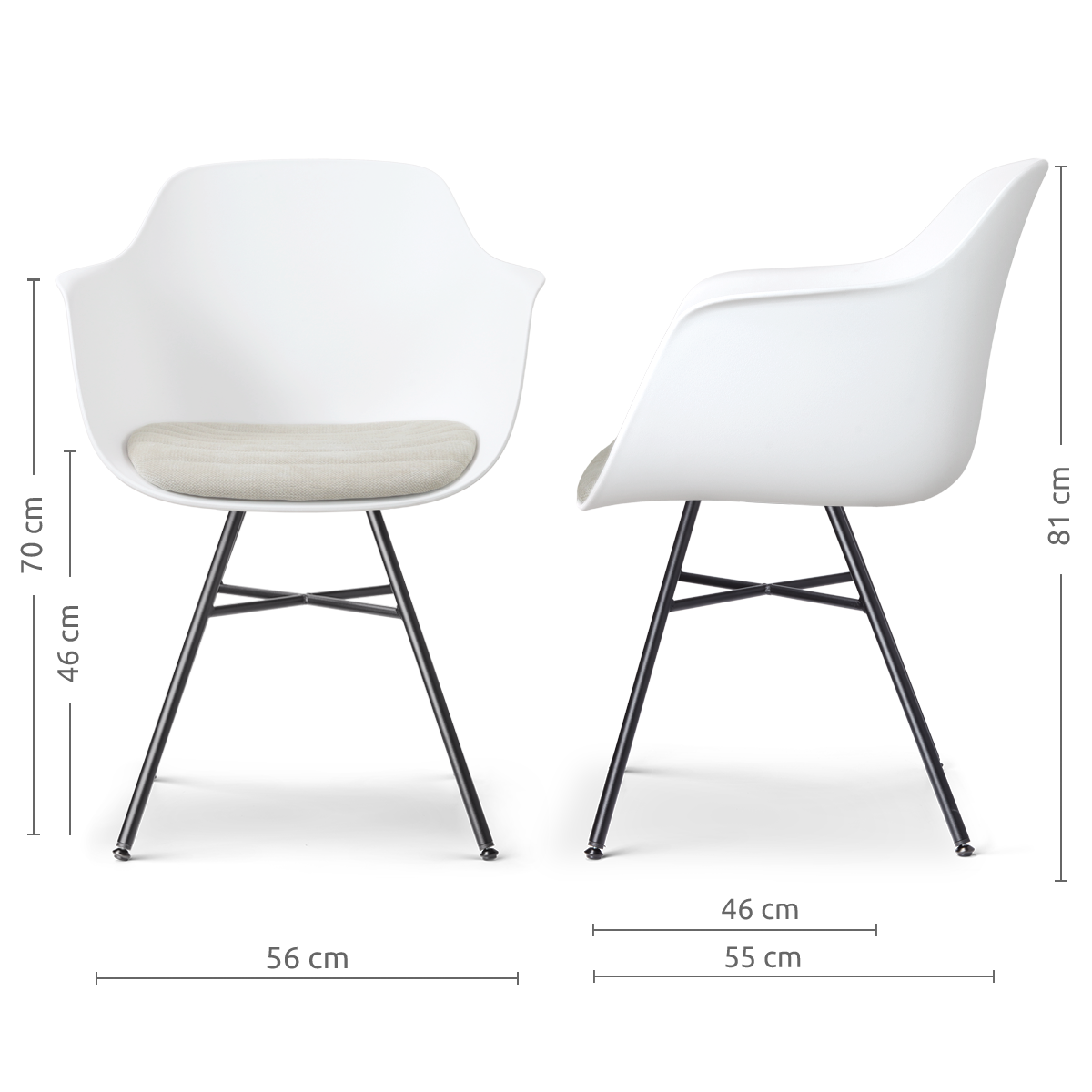 afmetingen van de Noa-Liz eetkamerstoel wit met naturelbeige zitkussen - zwart onderstel