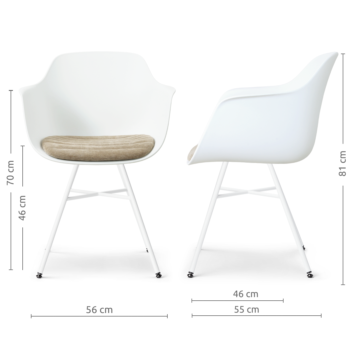afmetingen van de Noa-Liz eetkamerstoel wit met nougatbruin zitkussen - wit onderstel