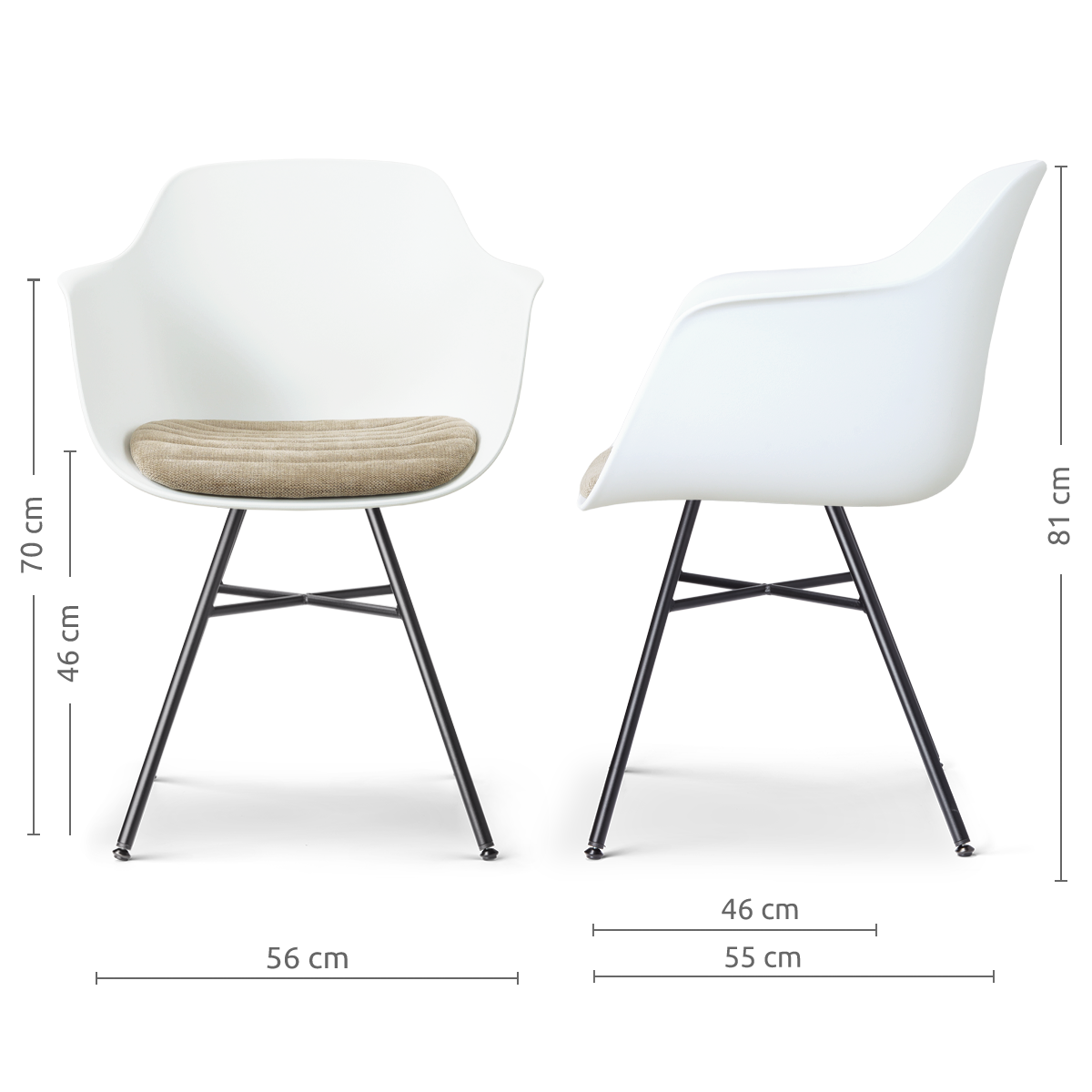 afmetingen van de Noa-Liz eetkamerstoel wit met nougatbruin zitkussen - zwart onderstel
