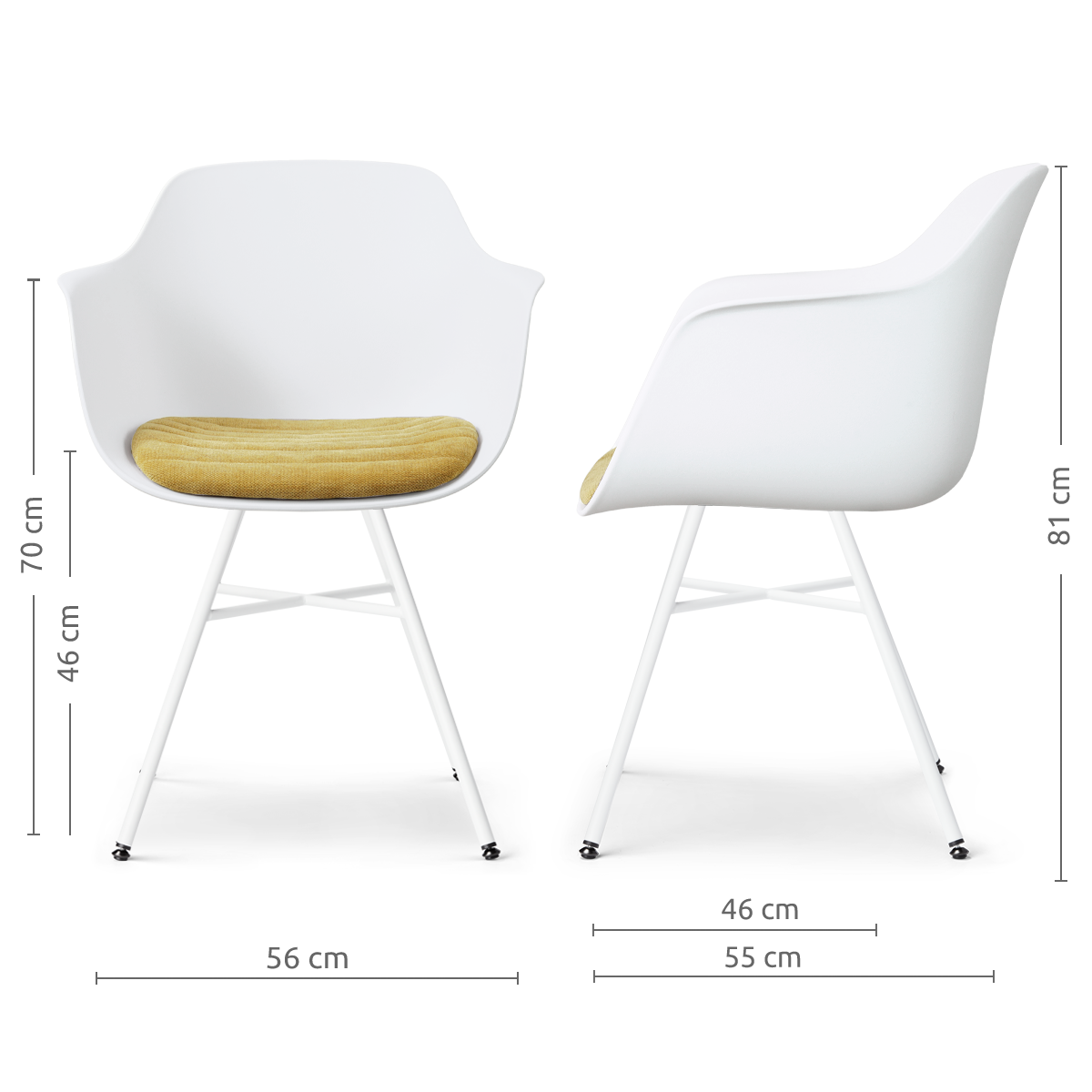 maatvoering van de Noa-Liz eetkamerstoel wit met warm oker zitkussen - wit onderstel