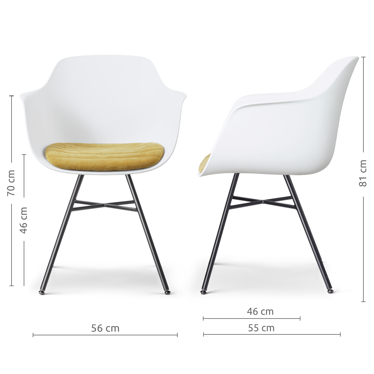 maatvoering van de Noa-Liz eetkamerstoel wit met warm oker zitkussen - zwart onderstel