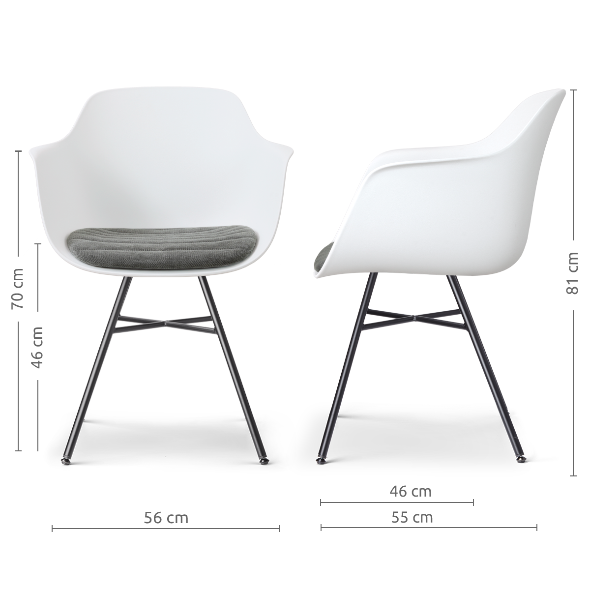 afmetingen van de Noa-Liz eetkamerstoel wit met zeegrijs zitkussen - zwart onderstel