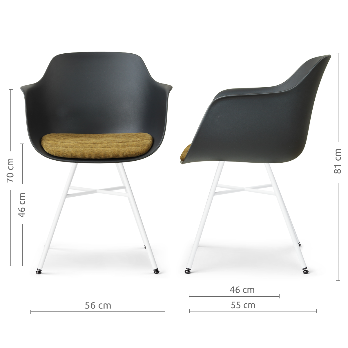 afmetingen van de Noa-Liz eetkamerstoel zwart met mosgroen zitkussen - wit onderstel