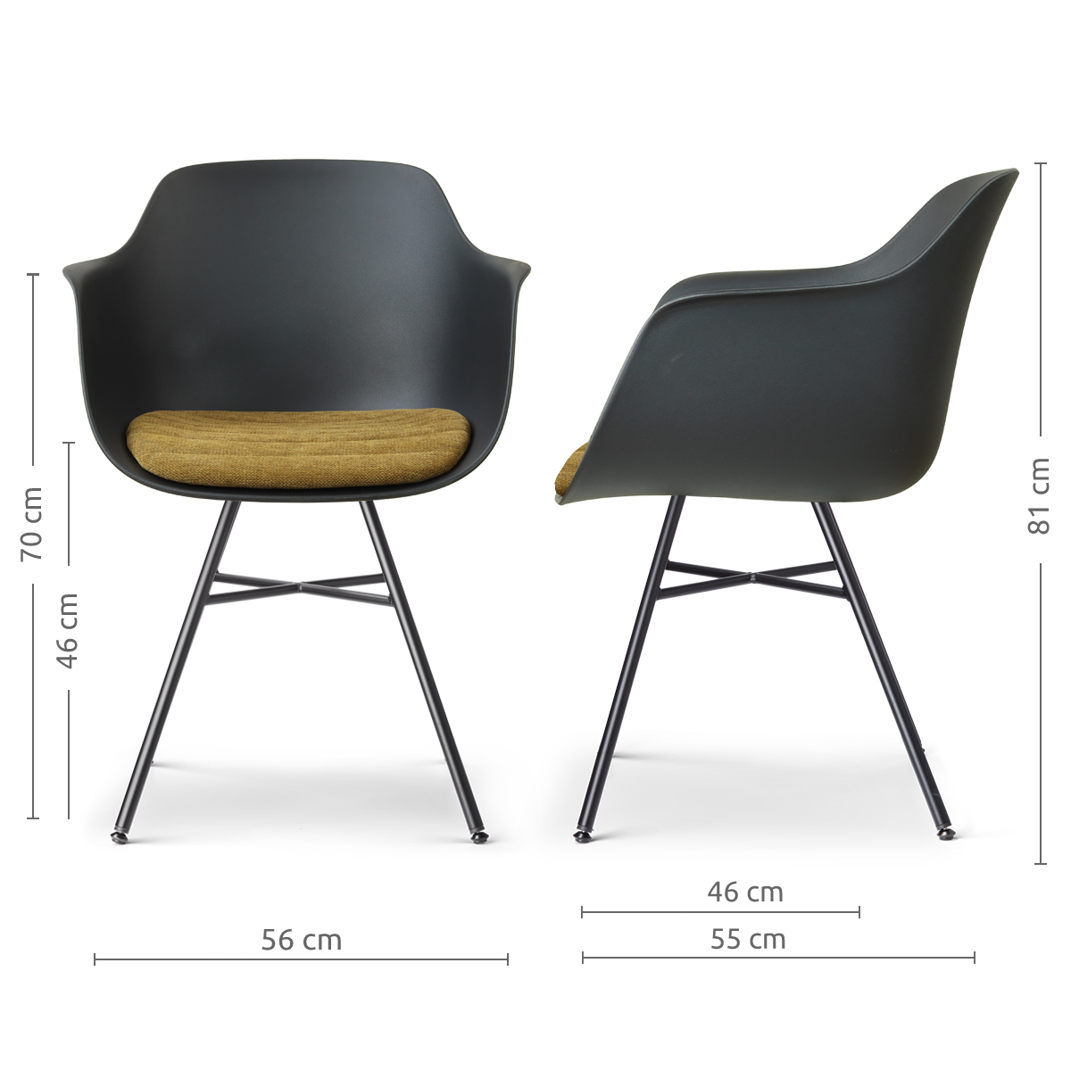 afmetingen van de Noa-Liz eetkamerstoel zwart met mosgroen zitkussen - zwart onderstel