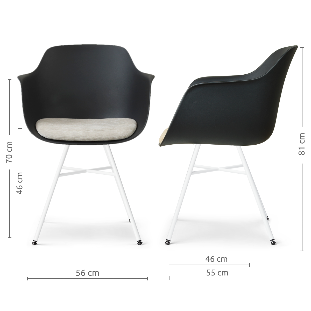 afmetingen van de Noa-Liz eetkamerstoel zwart met naturelbeige zitkussen - wit onderstel