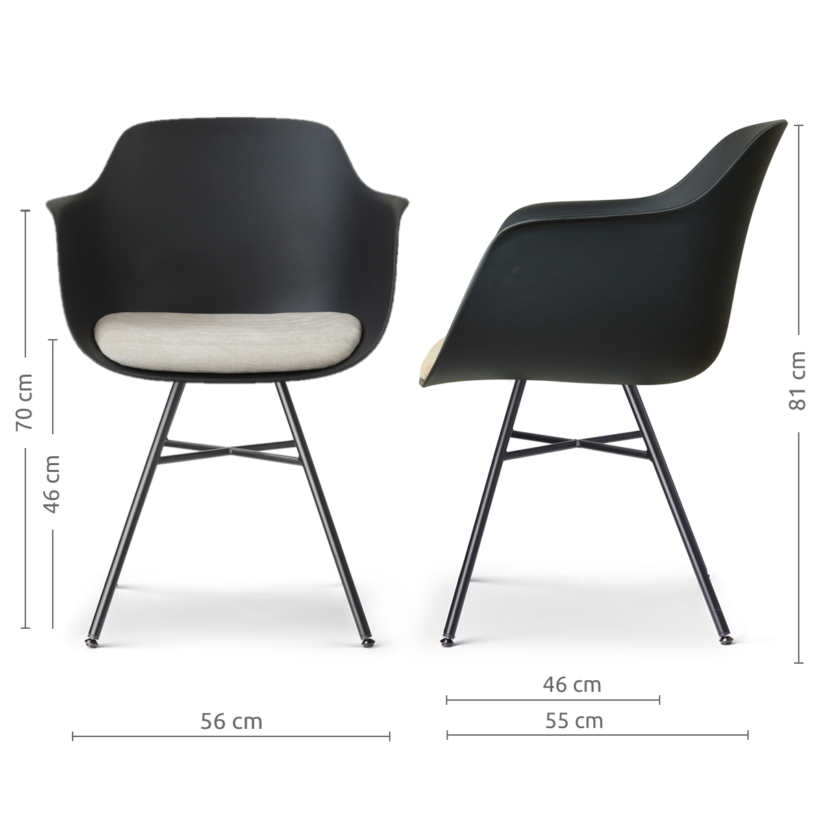 afmetingen van de Noa-Liz eetkamerstoel zwart met naturelbeige zitkussen - zwart onderstel