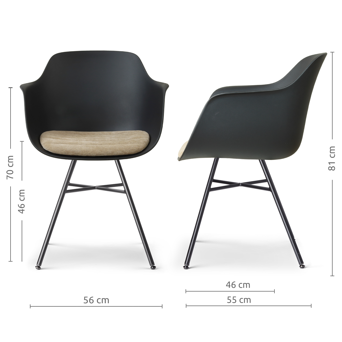 afmetingen van de Noa-Liz eetkamerstoel zwart met nougatbruin zitkussen - zwart onderstel