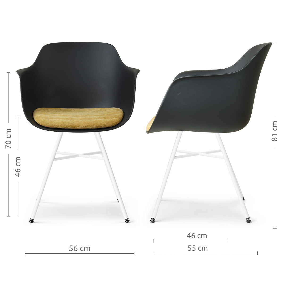 maatvoering van de Noa-Liz eetkamerstoel zwart met warm oker zitkussen - wit onderstel