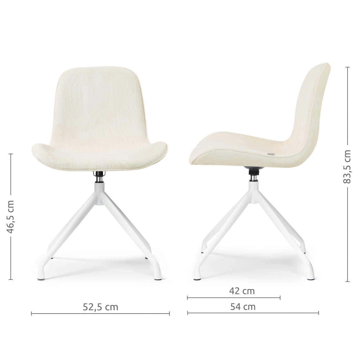 afmetingen van de Nola-Fé draaibare eetkamerstoel rib beige - wit onderstel