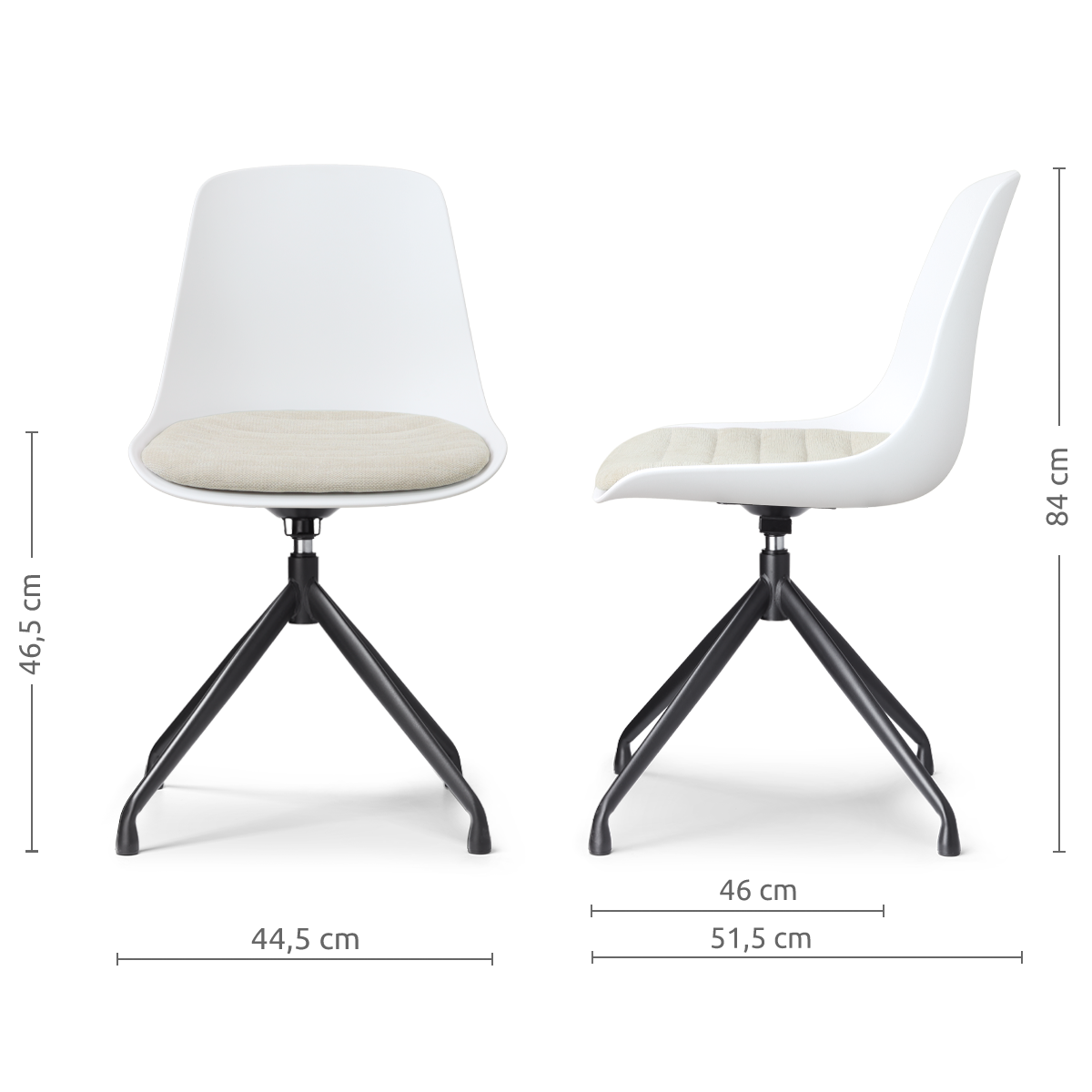 afmetingen van de Nola-Liv draaibare eetkamerstoel wit met naturelbeige zitkussen - zwart onderstel