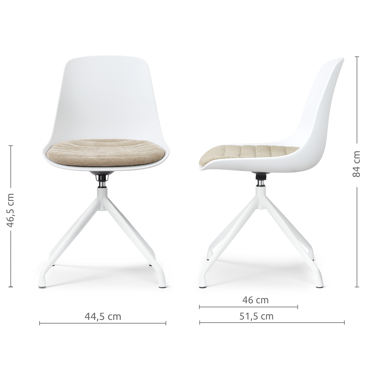 afmetingen van de Nola-Liv draaibare eetkamerstoel wit met nougatbruin zitkussen - wit onderstel