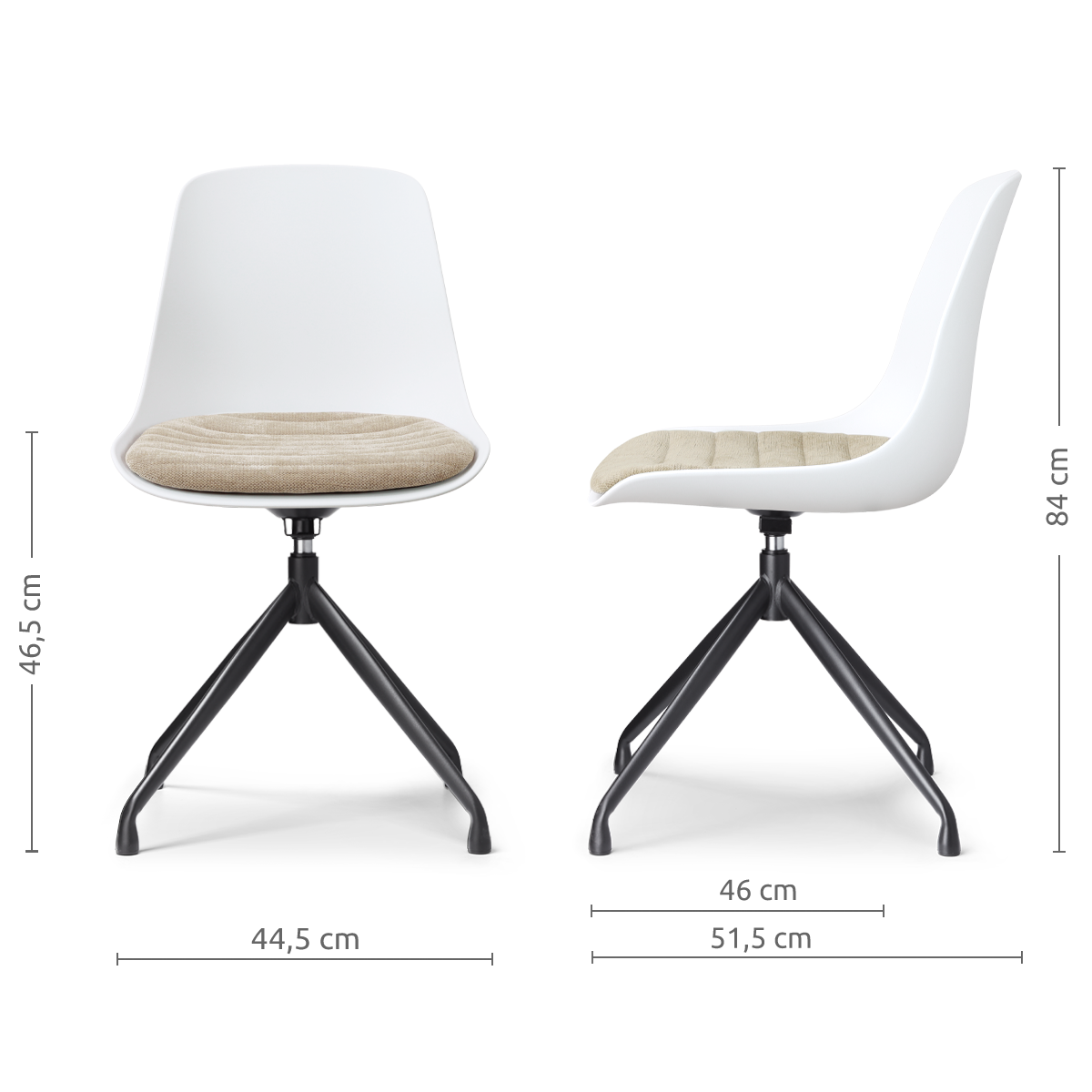 afmetingen van de Nola-Liv draaibare eetkamerstoel wit met nougatbruin zitkussen - zwart onderstel