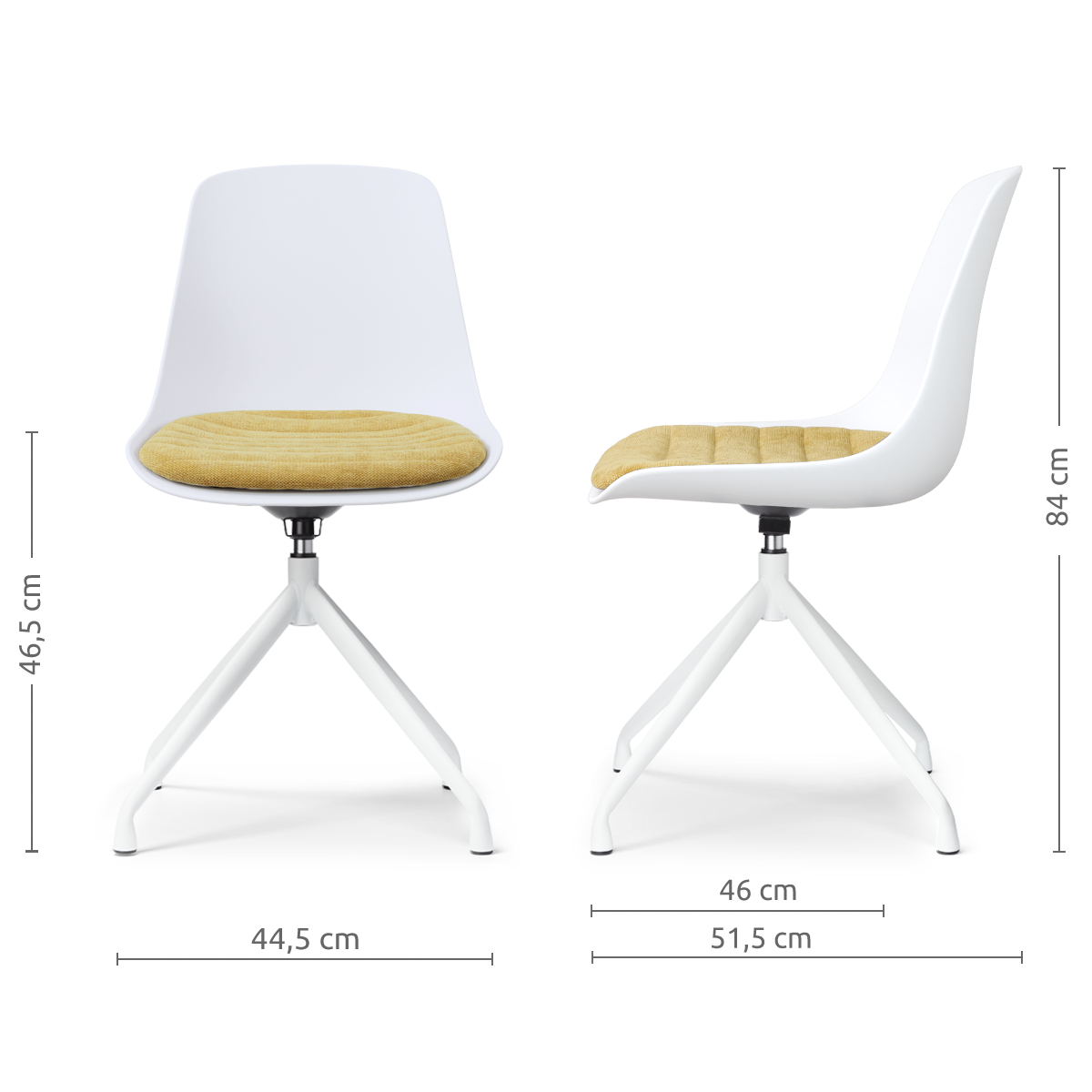 maatvoering van de Nola-Liv draaibare eetkamerstoel wit met warm oker zitkussen - wit onderstel