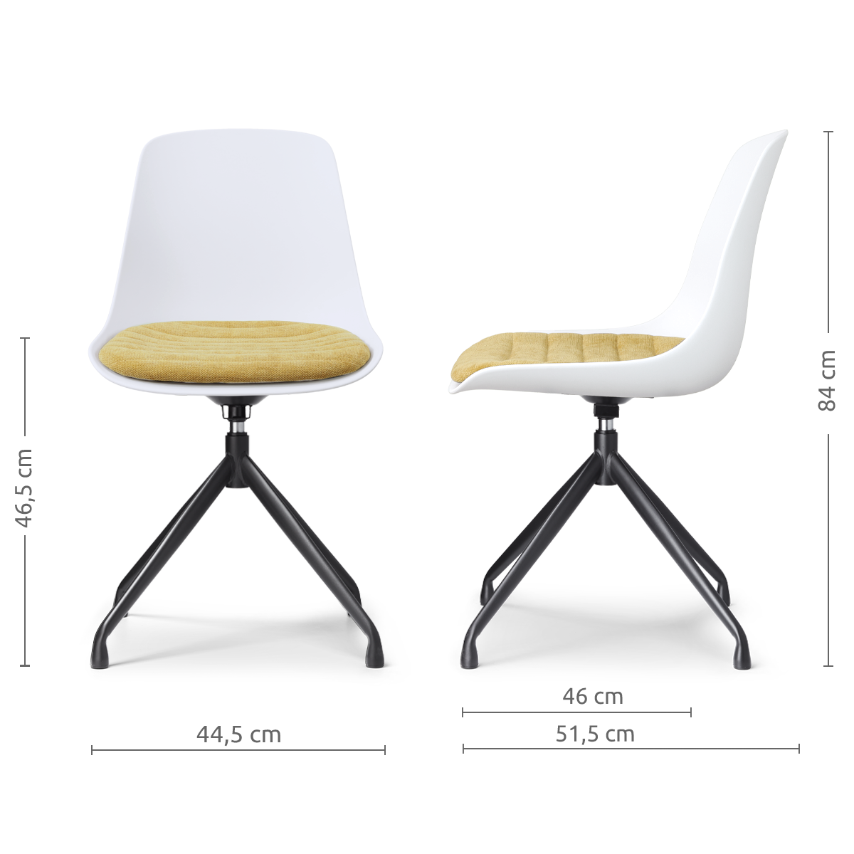 maatvoering van de Nola-Liv draaibare eetkamerstoel wit met warm oker zitkussen - zwart onderstel