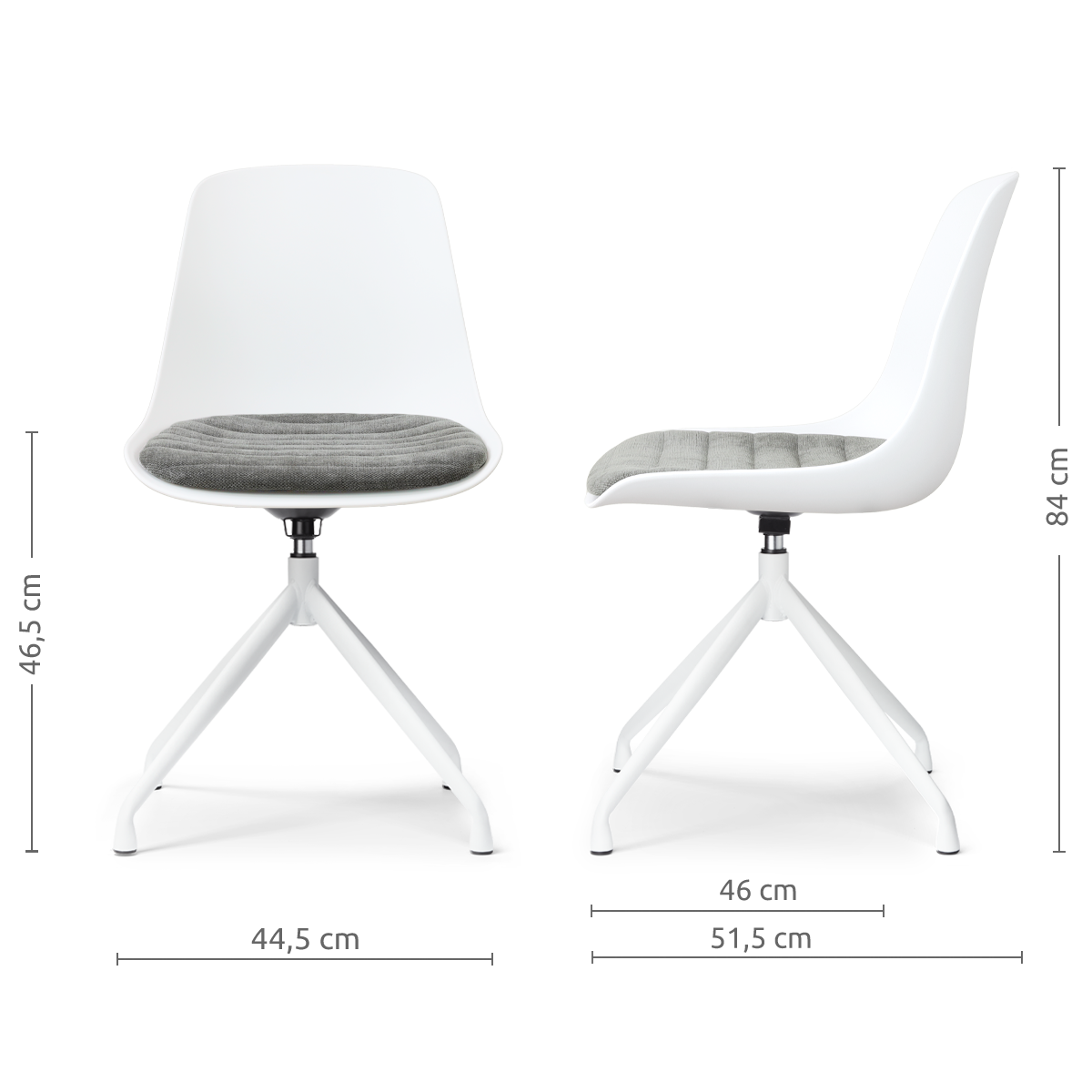 afmetingen van de Nola-Liv draaibare eetkamerstoel wit met zeegrijs zitkussen - wit onderstel