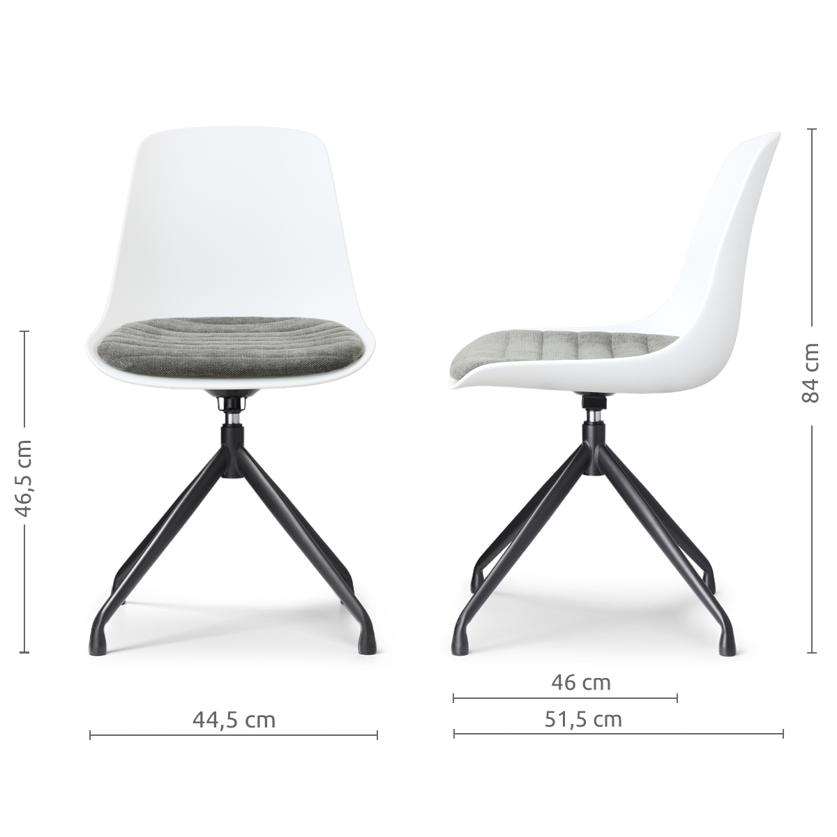 afmetingen van de Nola-Liv draaibare eetkamerstoel wit met zeegrijs zitkussen - zwart onderstel