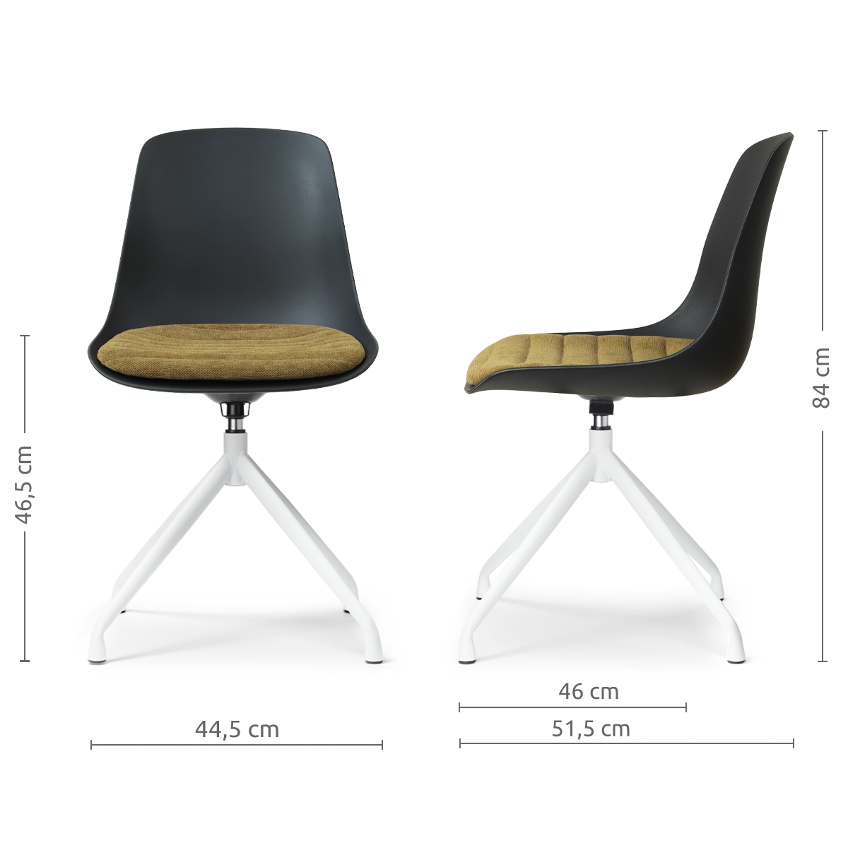 afmetingen van de Nola-Liv draaibare eetkamerstoel zwart met mosgroen zitkussen - wit onderstel