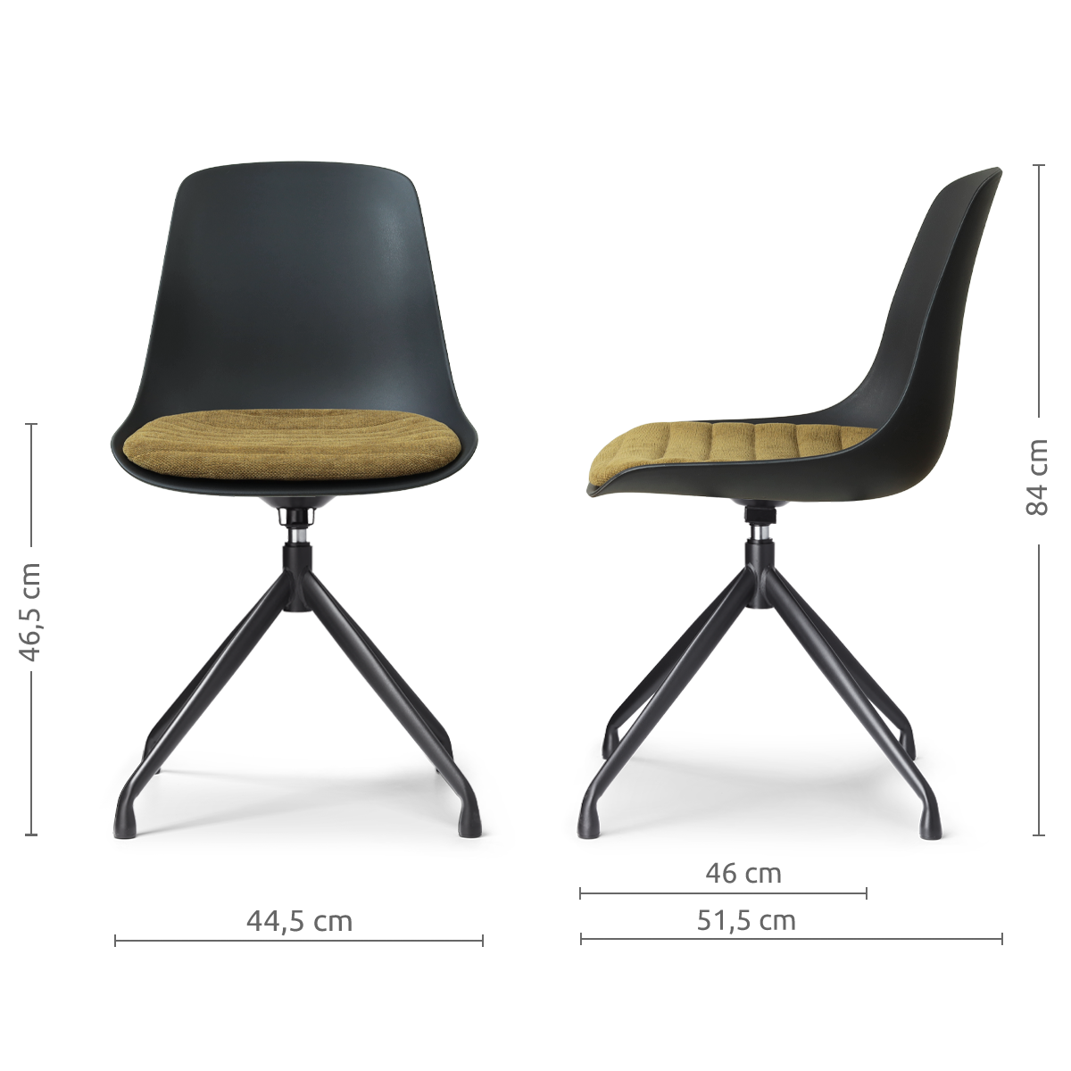 afmetingen van de Nola-Liv draaibare eetkamerstoel zwart met mosgroen zitkussen - zwart onderstel