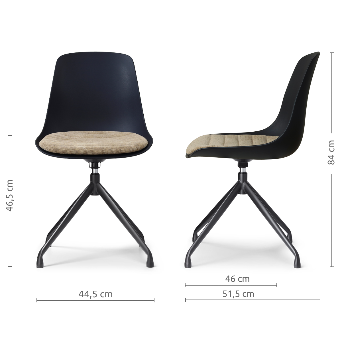 afmetingen van de Nola-Liv draaibare eetkamerstoel zwart met nougatbruin zitkussen - zwart onderstel