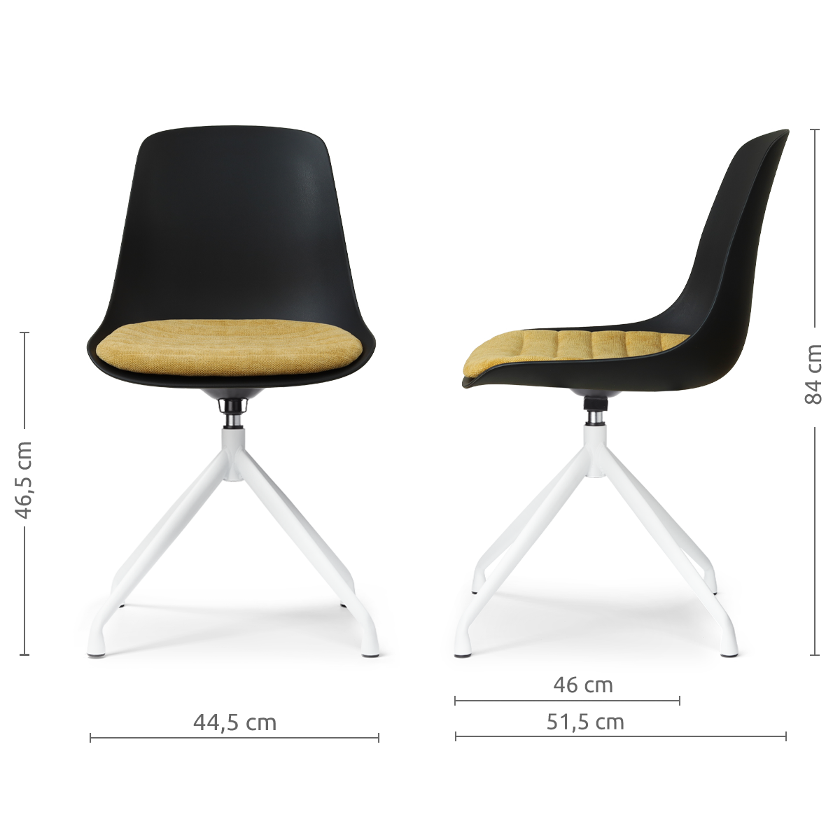 maatvoering van de Nola-Liv draaibare eetkamerstoel zwart met warm oker zitkussen - wit onderstel