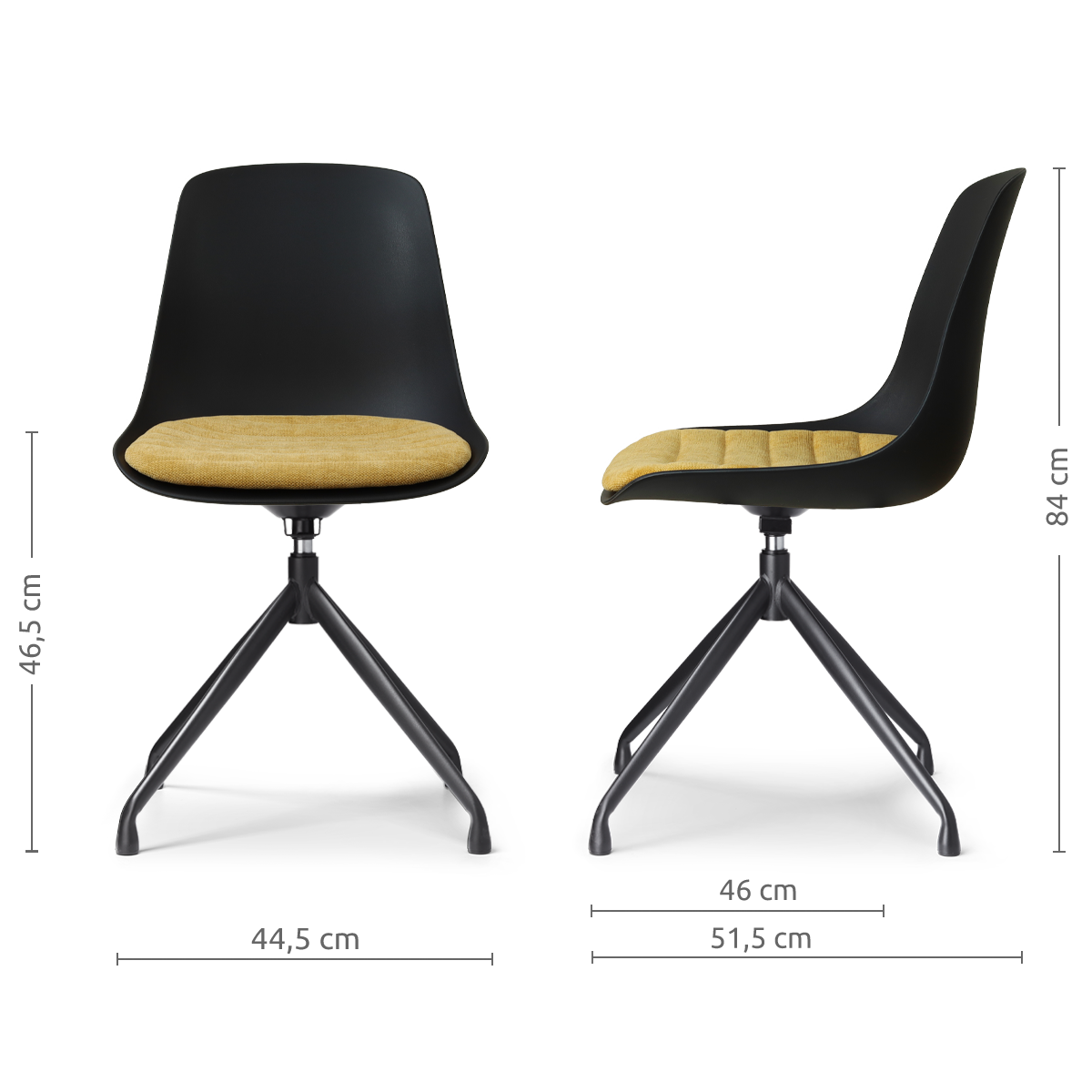 maatvoering van de Nola-Liv draaibare eetkamerstoel zwart met warm oker zitkussen - zwart onderstel