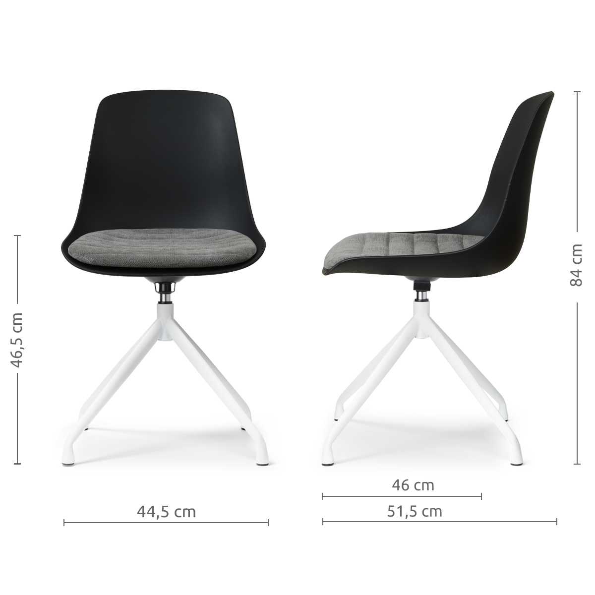 afmetingen van de Nola-Liv draaibare eetkamerstoel zwart met zeegrijs zitkussen - wit onderstel