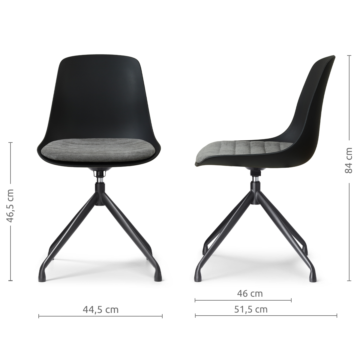 afmetingen van de Nola-Liv draaibare eetkamerstoel zwart met zeegrijs zitkussen - zwart onderstel