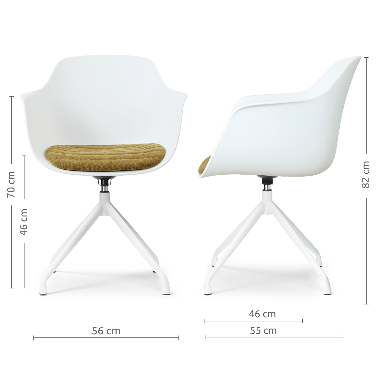 afmetingen van de Nola-Liz draaibare eetkamerstoel wit met mosgroen zitkussen - wit onderstel