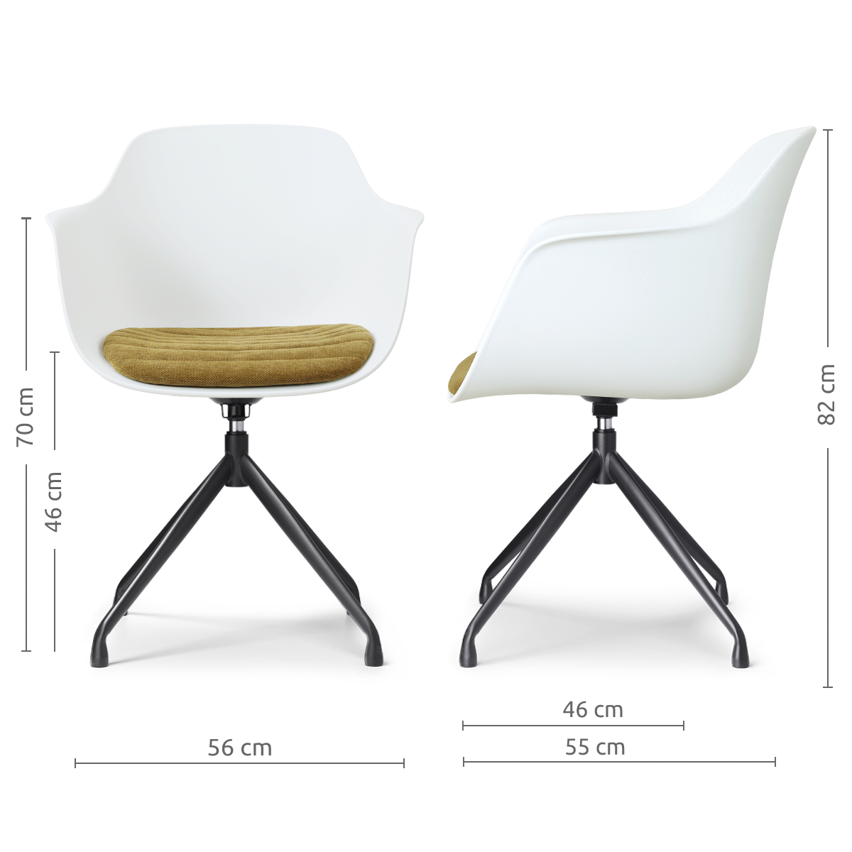 afmetingen van de Nola-Liz draaibare eetkamerstoel wit met mosgroen zitkussen - zwart onderstel
