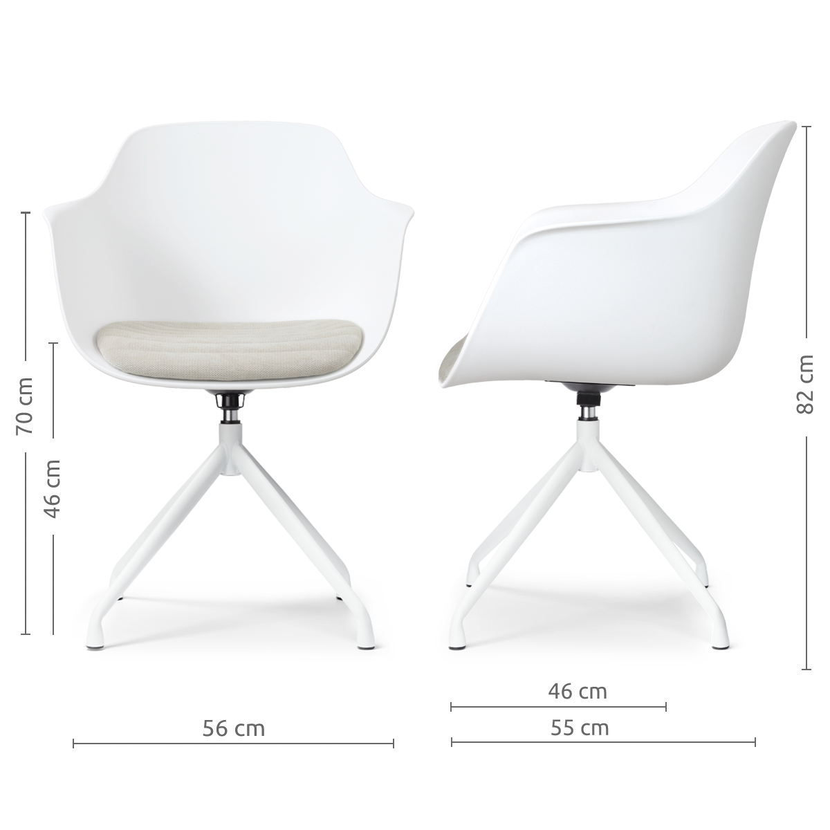 afmetingen van de Nola-Liz draaibare eetkamerstoel wit met naturelbeige zitkussen - wit onderstel